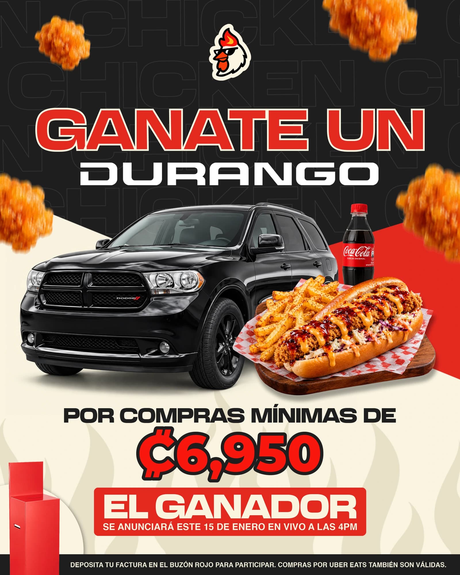Ganate un Durango por compras mínimas de ₡6,950. Depositá tu factura en el buzón rojo. Compras por Uber Eats también son válidas. El ganador se anunciará el 15 de enero en vivo a las 4 p. m.